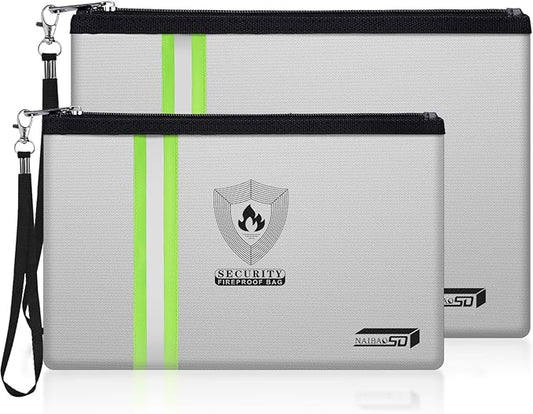 Fireproof Bag for Documents and Money - 2-Pack Waterproof Fire Safe Pouch with Metal Zipper, Reflective Strip & Hand Strap for Passport, Cash, Valuables by NAIBAOSD (13.3" & 10.8")
