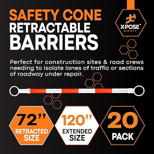 Retractable Barrier for Safety Traffic Cones - 2" OD - Large Yellow and Black Bar Barricade - for Road Construction, Parking, Warning, Temporary Security Divider (20, Orange & White, 72" x 120")