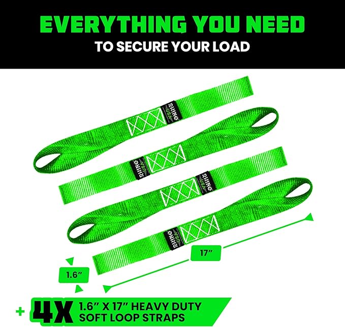 Rhino USA Soft Loop Tie Down Straps (4-Pack) - 1.6 Inch x 17 Inch (5,000 lbs Break Strength) Heavy Duty Motorcycle Handlebar Straps for use with Ratchets for ATV, UTV, Dirt Bike (Green)