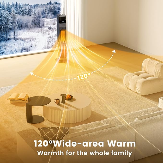 VCJ 31" Space Heaters, 1500W 12H Timer Electric Heater for Indoor Use, Remote, 120° Oscillation, Water Mist, Overheat & Tip-Over Protection, Quiet Portable Tower Heater for Bedroom Living Room Garage