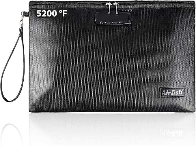 Airfish Fireproof Document Bags with Lock, 14.2 x 10 inches Zipper Closure Money Bag, Safe and Waterproof Storage Pouch for A4 A5 Document, Cash, Watch, Jewelry, Passport, Phone, Pad