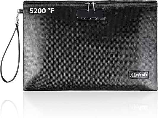 Airfish Fireproof Document Bags with Lock, 14.2 x 10 inches Zipper Closure Money Bag, Safe and Waterproof Storage Pouch for A4 A5 Document, Cash, Watch, Jewelry, Passport, Phone, Pad