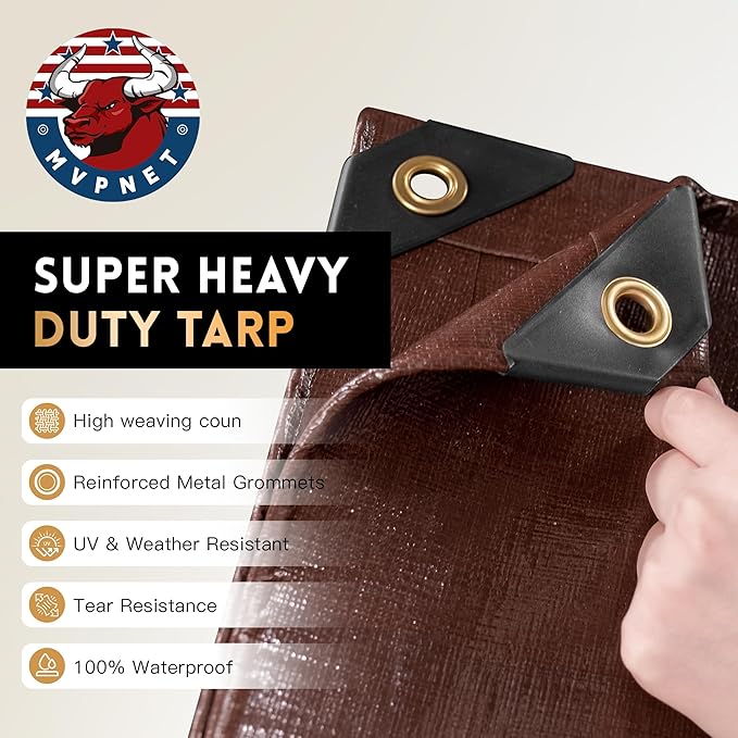 Tarp 10x20FT, 18 Mil Heavy Duty Large Tarps, 100% Waterproof Tarp, UV Resistant, Brass Grommets and Reinforced Edges.Brown Tarp Suitable for Courtyards, Cars, Camping, Gardens, Pet Nests -by Mvpnet