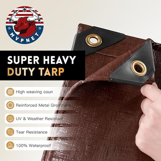 Tarp 6x8FT, 18 Mil Heavy Duty Large Tarps, 100% Waterproof Tarp, UV Resistant, Brass Grommets and Reinforced Edges.Brown Tarps Suitable for Courtyards, Cars, Camping, Gardens, Pet Nests -by Mvpnet