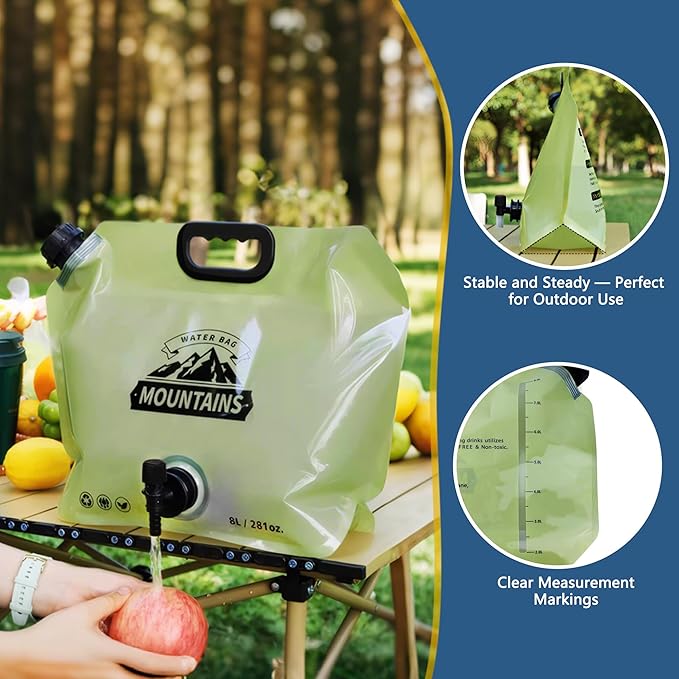 Water Jug Camping 2.1 Gallon Collapsible with Spigot, BPA Free Portable Water Pouch Foldable Water Bags for Outdoor Hiking, Travel and Emergency & Water Storage Containers (Green-1Pcs)