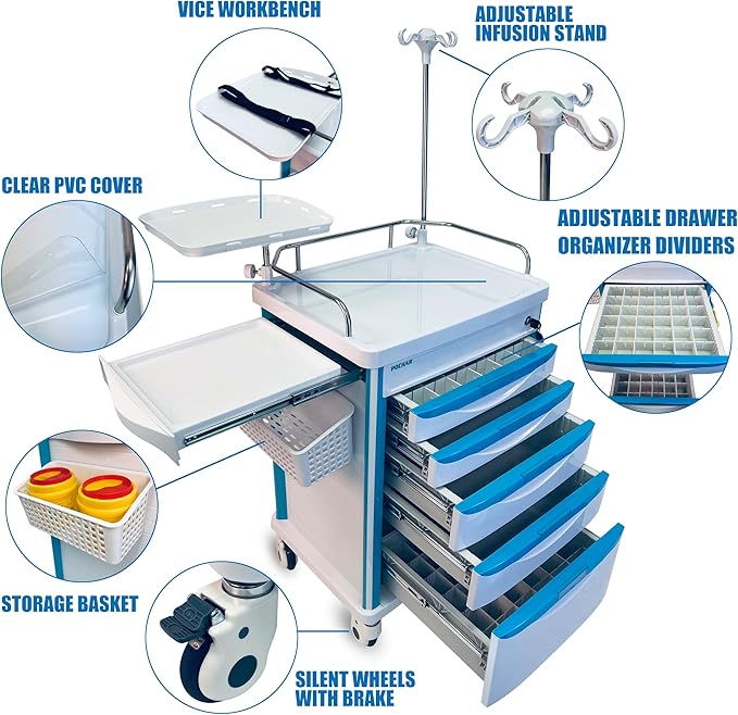 Pochar Medical Crash Cart with Emergency Accessory - Cardiac Board, IV Pole, O2 Holder, Power Strip, Trash Bin, Drawers with Dividers - Mobile Emergency Cart for Hospitals and Clinics