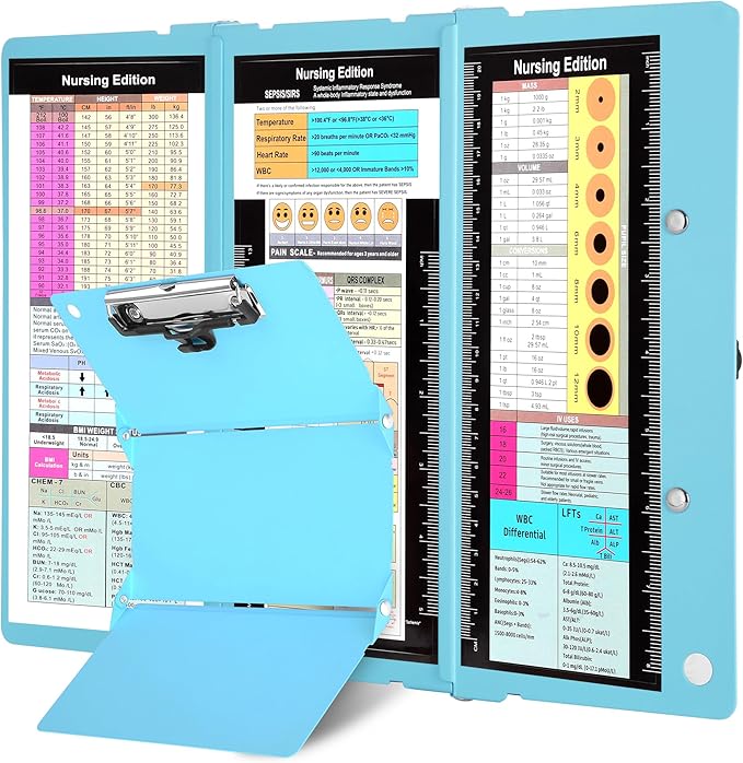Nursing Foldable Medical Clipboard, Edition Cheat Sheets Lithium 3 Layers Foldable Clipboards Nursing Pocket Size Profile Clip Nurse Clipboards Notepad for Nurses Students and Doctors, Light Blue