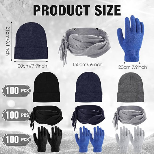Unittype 300 Pcs Winter Homeless Care Supplies Bulk - Beanies Caps Gloves Scarves Set for Community Charity Church Donation