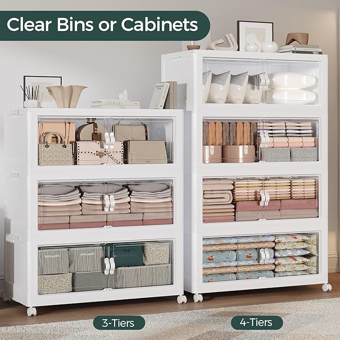 220Gal Stackable Storage Bins with Lid, 880Qt Extra Large Collapsible Storage Box with Doors and Wheels, Plastic Closet Organizer and Storage Cabinet Drawer For Home Kitchen, 4Pack White