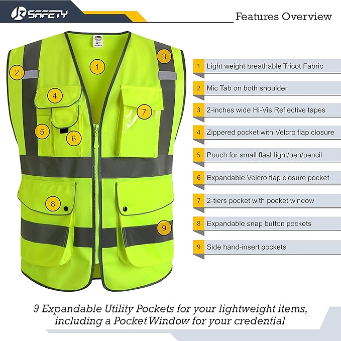 JKSafety 9 Pockets Class 2 High Visibility Zipper Front 6 Pack Safety Vest With Reflective Strips,Meets ANSI/ISEA Standard （155 Yellow XXL