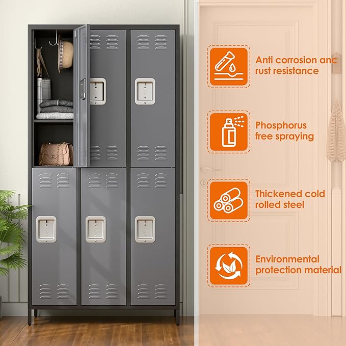 Metal Lockers with 6 Doors and 18 Hooks, 72" Tall Lockers for Employees with 18 Hooks for Home Office School Gym, Assembly Required, Black and Gray