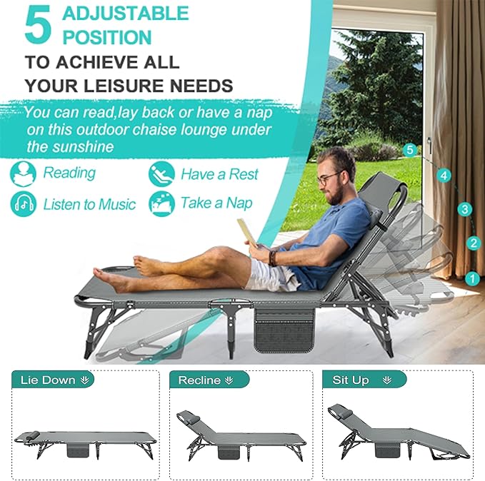 ABORON Patio Lounge Chair, Folding Guest Bed Cot for Adults, 500LB Heavy-Duty Capacity, Portable Extra Bed with Comfort Mat, Quick Fold Design for Indoor Guest Stays & Temporary Use