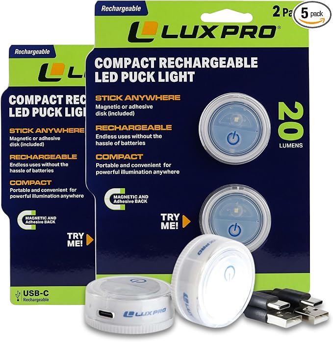 LUXPRO Waterproof Micro LED Puck Lights - Adhesive Lighting Ideal for Under Cabinets, in Tackle Boxes, or On Bookcases - Includes Batteries (Rechargable, 4 Pack)