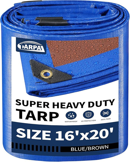 TARPAL 16x20ft Waterproof Heavy Duty Tarp 16Mil Thick with Metal Grommets Every 17.7" Large Multipurpose Tarp Tear-Resistant UV Protection Covers Roof, Pool,Car,Firewood&Outdoor Furniture(Blue/Brown)