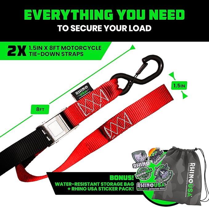 Rhino USA Motorcycle Tie Down Straps (2 Pack) Lab Inspected 2,200lb Break Strength, Steel Cambuckle Tiedown Set with Integrated Soft Loops - Better Than a Ratchet Strap (Red 2-Pack)