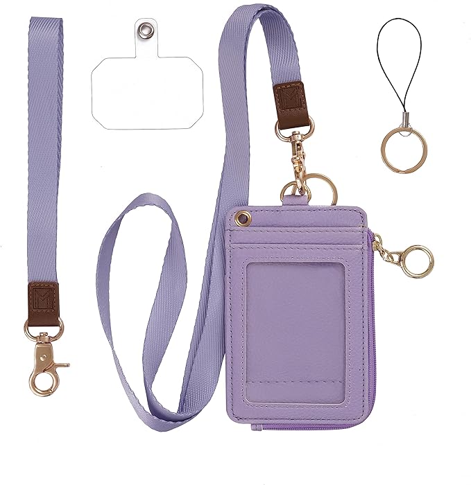 2-in-1 ID Badge Holder & Lanyard Wallet - Multi-Use Womens Small Wallet with Removable Wristlet & Neck Lanyard, Clear Window, 5 Card Slots, Phone Holder, Ring Keychain - Purple