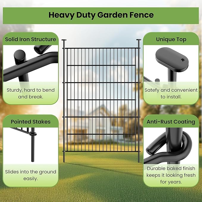 Garden Dog Fence Animal Barrier Outdoor for Yard 10 Panels with Gate 24.2 ft(L) X 40 in(H), Garden Fencing Includes Gloves, Hammer&Zip Ties, Rustproof Metal Temporary No Dig Fence Border for Dogs
