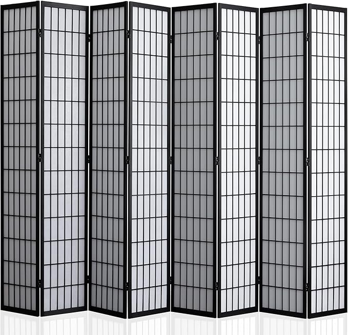 WelFurGeer 8 Panel Shoji Screen Room Divider, Folding Privacy Screens, Room Partitions and Dividers, Decorative Room Dividers, Wall Dividers for Room Separation, Japanese Room Divider for Home (Black)