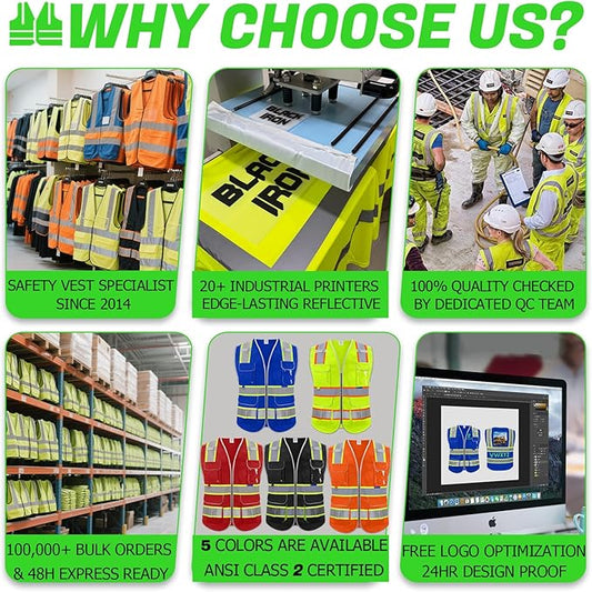 BeautyWill 10 Pack Custom Logo Safety Vest ANSI Class 2 High Visibility Reflective Vest Personalized Construction Vest Bulk