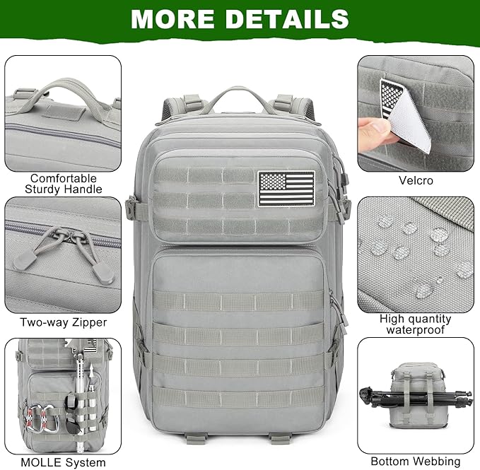 Tactical Backpack 45L Army Military Rucksack, Water Resistant MOLLE Pack, Large 3 Day Bug Out Bag for Men & Women, Durable Outdoor Gear for Hiking, Camping, Hunting, Travel (Grey)