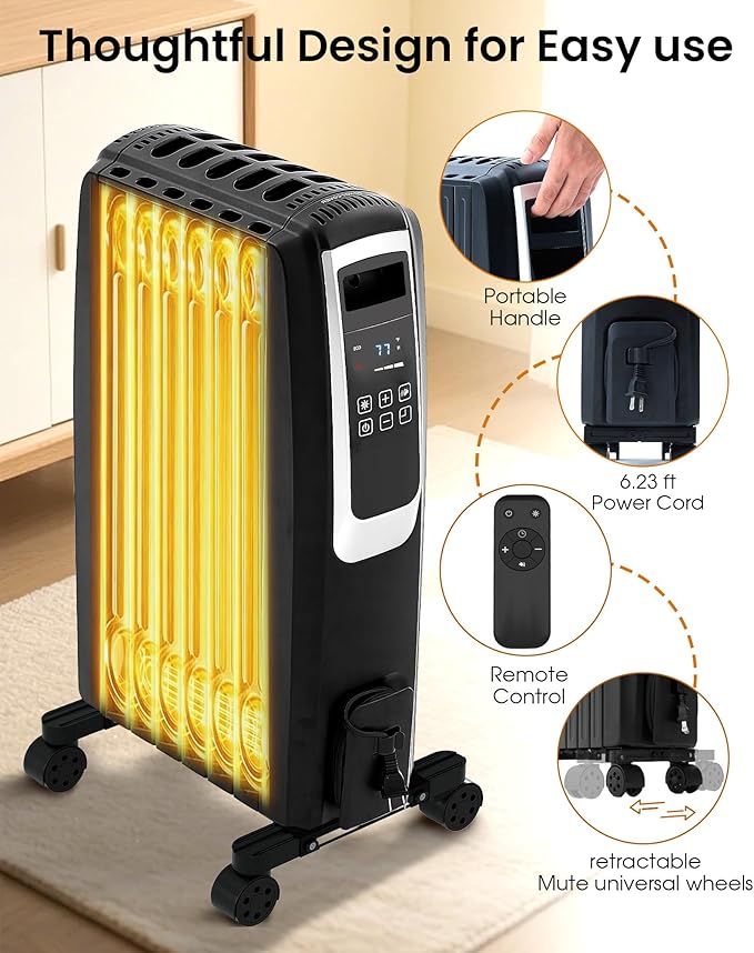 Oil Filled Radiator Heater, Electric Radiant Heaters for Indoor Use Large Room, Portable Space Heater with ECO Mode, Quiet Heating with Remote Control, 24H Timer, Tip-over & Overheat Protection