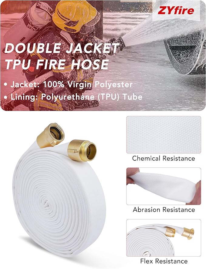 ZYfire Fire Hose - 1-1/2" ID x 50 FT Double Jacket TPU Firefighter Hose with M x F NPSH Brass Couplings 1200 PSI Burst Pressure Lightweight for Firefighting & Residential Use