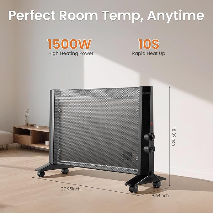 Space Heater for Indoor Use Large Room, 1500W Infrared Electric Room Heater for Bedroom Office, Overheating & Tip-Over Protection