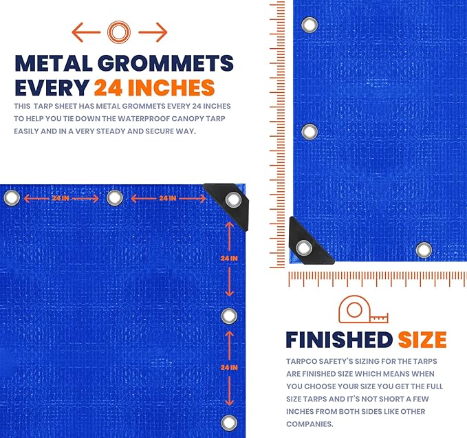 Tarpco Safety Heavy Duty 10 Mil Tarp Cover, Waterproof, UV Resistant, Rip and Tear Proof, Poly Tarpaulin with Reinforced Edges for Camping, Roof, Patio, Pool, Boat. (Blue 20′ X 30′)
