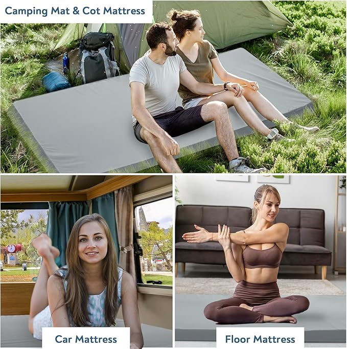 Memory Foam Camping Cot Mattress Pad, 3 Inch Thick Sleeping Pad with Waterproof Cover, Portable Roll up Cot Mattress Pad Mat for Travel Truck Bed Tent, Non-Slip Bottom, 72"×24"×3", Gray