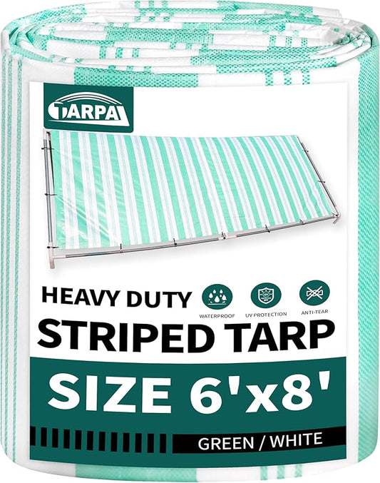 TARPAL Heavy Duty Poly Tarp 6x8 Feet 12mil Striped tarp Multipurpose Protective Cover Durable, Waterproof, Weather Proof, UV,Rip and Tear Proof（Green/White）