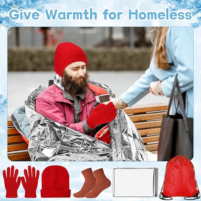 60 Pcs Homeless Care Package Supplies Winter Beanie Gloves Sock Drawstring Bags Emergency Blankets for Men Women