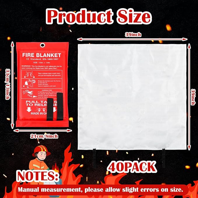 Macarrie 40 Pack Fire Blankets 39” x 39” Fire Blanket Emergency for Home and Kitchen Extinguisher Blankets Fiberglass Suppression Blanket Safety Fireproof Survival for Car Office Warehouse (Red)