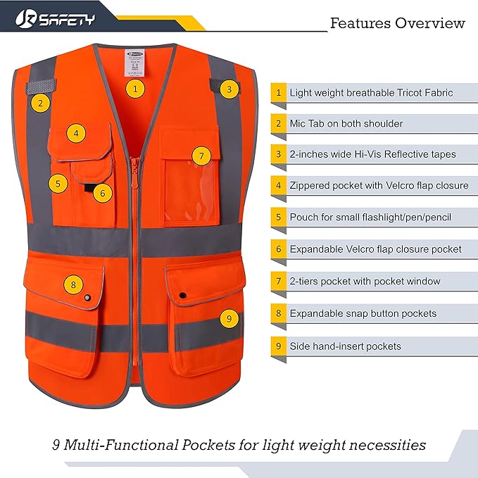 JKSafety 9 Pockets Class 2 High Visibility Zipper Front Safety Vest With Reflective Strips, Meets ANSI/ISEA Standards (150-Orange, 5XL)