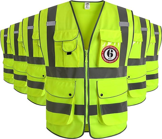 JKSafety 9 Pockets Class 2 High Visibility Zipper Front 6 Pack Safety Vest With Reflective Strips,Meets ANSI/ISEA Standard (155 Yellow XL)