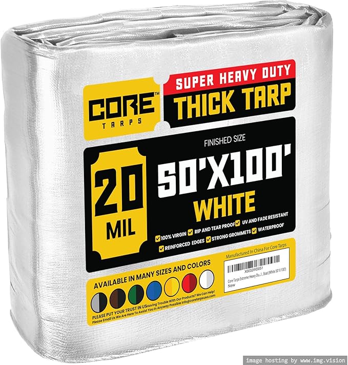 Core Tarps Extreme Heavy Duty 20 Mil Tarp Cover, Waterproof, UV Resistant, Rip and Tear Proof, Poly Tarpaulin with Reinforced Edges for Roof, Camping, Patio, Pool, Boat (White 50′ X 100′)