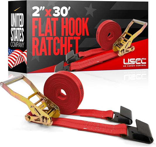 US Cargo Control Flat Hook Ratchet Strap 2 Inch X 30 Foot, 10,000 LBS Break Strength, Red Heavy Duty Ratchet Straps with Black Flat Hooks, Tie Downs for Flatbed Trailer