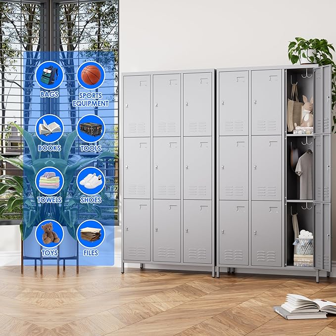 Metal Lockers for Employees with 9 Doors and 27 Hooks, 72”H Storage Locker with Card Slot for Office Gym School Bedroom, Assembly Required, Dark Gray