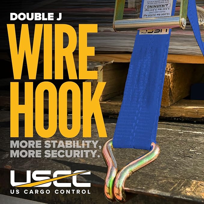 US Cargo Control Wire Hook Ratchet Straps 2 Inch x 12 Foot (2-Pack), 10,000 LBS Break Strength, Ratchet Straps Heavy Duty with Double J Hooks, Blue Cargo Tie Downs for Flatbed Trailers and Trucks