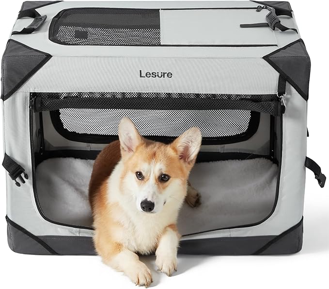 Lesure Collapsible Dog Crate - Portable Travel Kennel for Medium Dog, 4-Door Pet Crate with Mesh Windows, Indoor & Outdoor, Light Gray