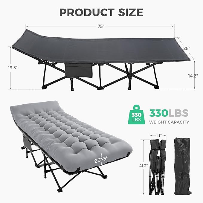 JEAREY Folding Camping Cot for Sleeping, Camping Cots for Adults with Mattress, 1200D Double Layer Oxford Portable Foldable Cot Bed with Carry Bag for for Guest, Travel, Hiking, Light Gray