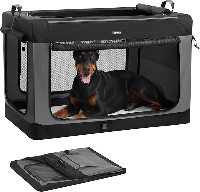 Feandrea Collapsible Dog Crate, 44-Inch Portable Dog Travel Crate for Extra Large Dogs, Oxford Fabric Pet Carrier with 4 Mesh Doors, Handles, Storage Pocket, Water Bottle Holder, Ink Black UPDC022BH01