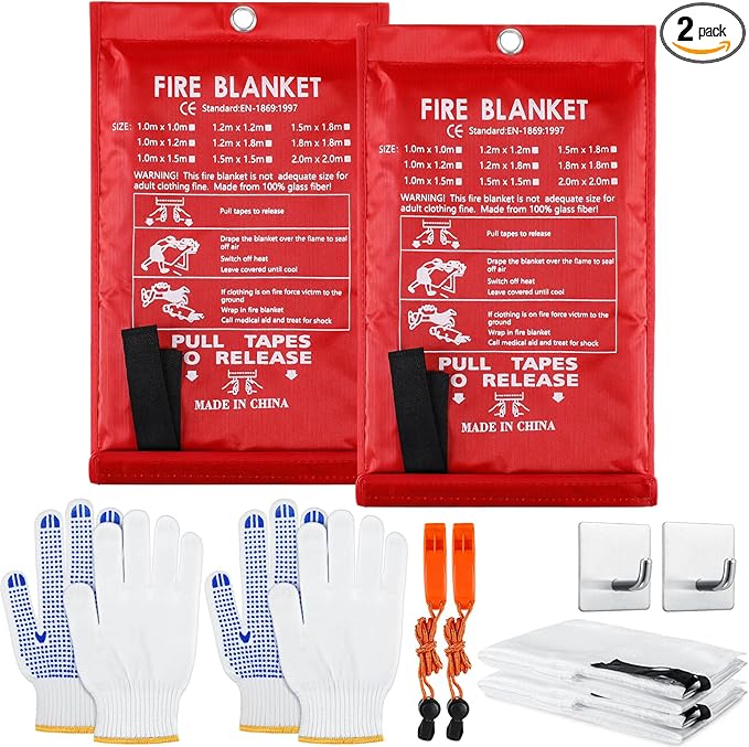 2 Sets Emergency Fire Blanket for Home Fire Suppression Thermal Blankets with Emergency Whistles, Hooks and Gloves for Kitchen, Fireplace, Car, Office, 39.3" x 39.3"