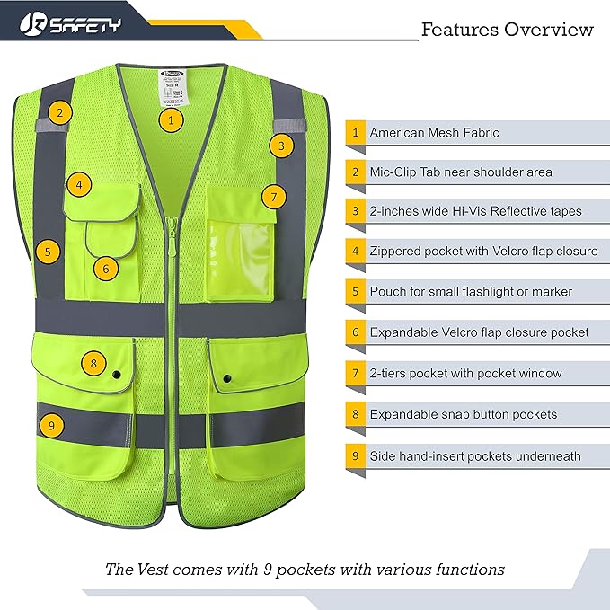 JKSafety 9 Pockets High Visibility Safety Vest for Men and Women, Hi-Vis Reflective Yellow Safety Vests with Zipper Front, Meet ANSI/ISEA Class 2 Type R (159-Yellow 3XL)