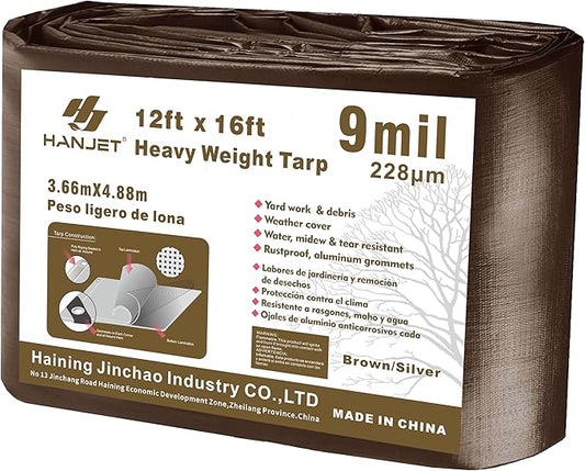 Heavy Duty Tarp 9 Mil Thick Multi-Purpose Waterproof Tarp Protect Your Tent, Flatbed, Firewood, or Roof - 12 x 16 Feet, Brown Sliver