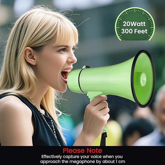 Portable Megaphone 20 Watt Power Megaphone Speaker Bullhorn Voice and Siren/Alarm Modes with Volume Control and Strap (Light Green)