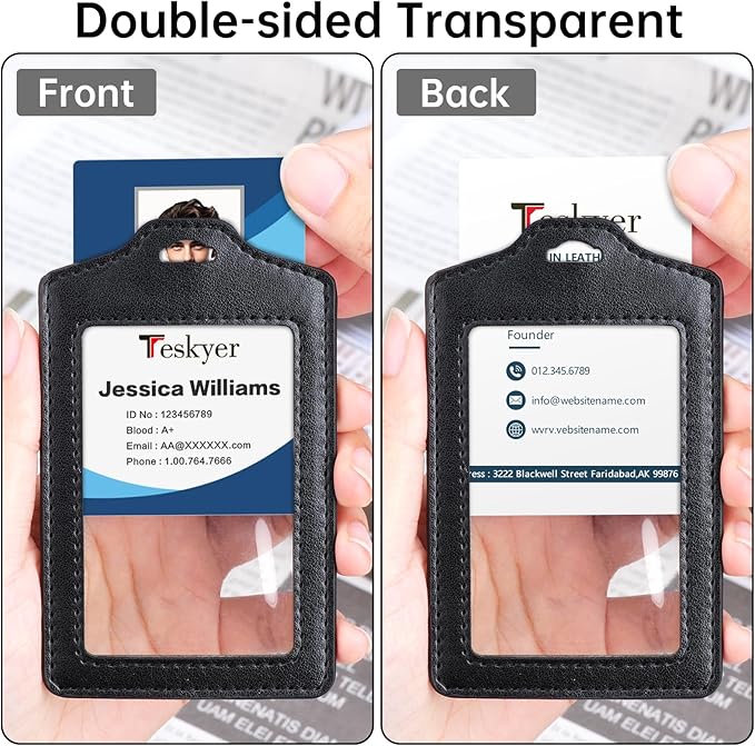 Teskyer 2 Pack Double Sided Clear Badge Holder with Lanyard, PU Leather ID Badge Name Card Holder with Stainless Steel J-Hook Nylon Lanyard for Work, School, Metro, Access, Black