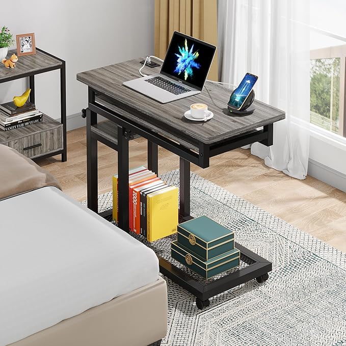 Tribesigns Small Portable Desk with Power Outlet, Height Adjustable Sofa Couch Bedside Laptop Table with Wheels, Mobile Standing Desk Rolling Computer Cart C Side Table with USB Ports