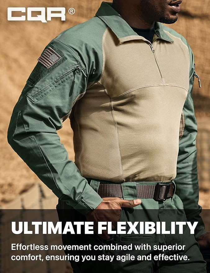 CQR Men's Combat Shirt Tactical 1/4 Zip Long Sleeve Military BDU Shirts Camo EDC Top with Pockets
