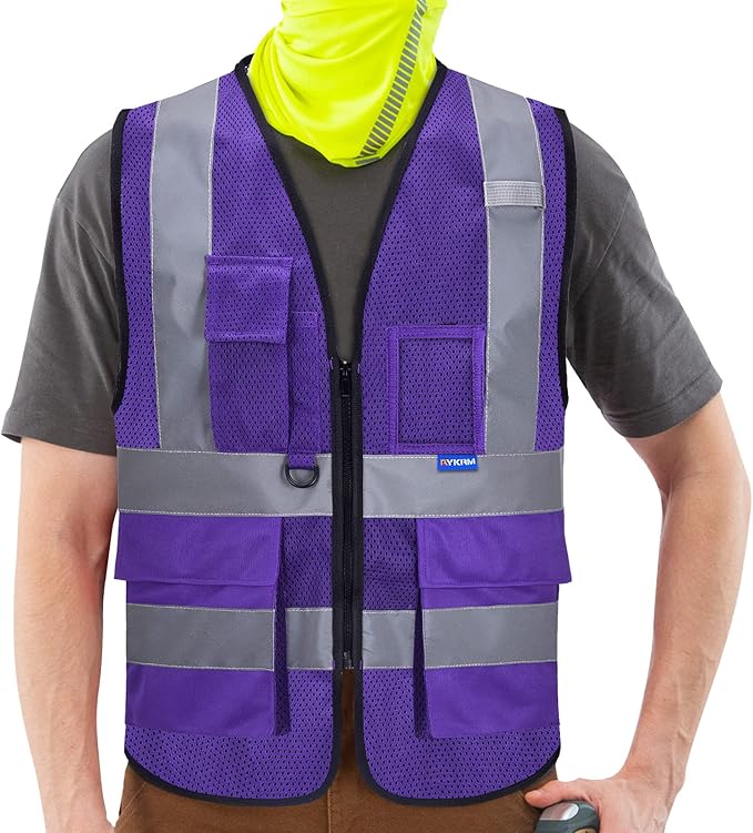 A-SAFETY 6XL 7XL 8XL Purple High Visibility Mesh Safety Reflective Vest with Pockets and Zipper(Purple Mesh 6XL-8XL)