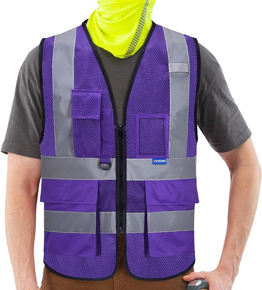 A-SAFETY High Visibility Mesh Safety Reflective Vest with Pockets and Zipper,Hi Viz Work Vest for Men Women (Purple Mesh XXXL)